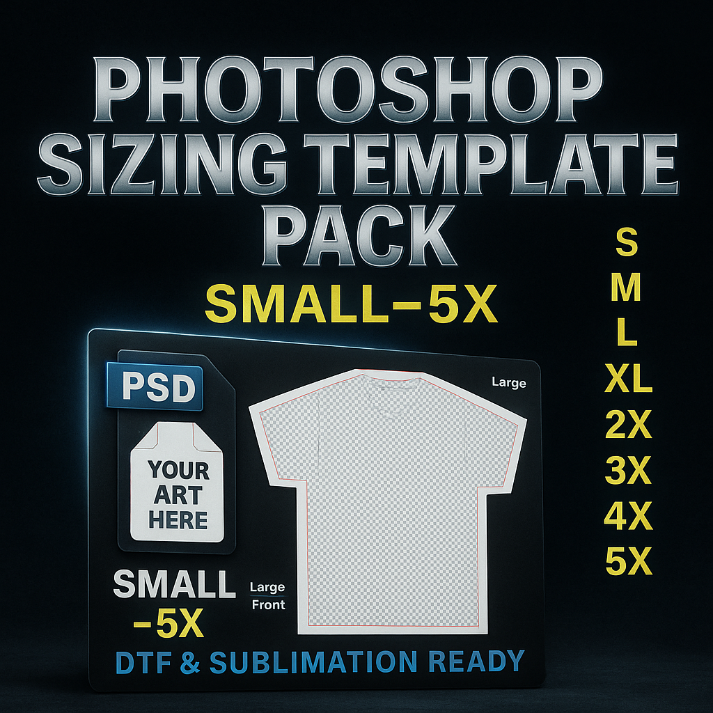 Printable Sizing Template Bundle (Small–5X) — Photoshop Only | DTF & Sublimation Shirt Layout Templates